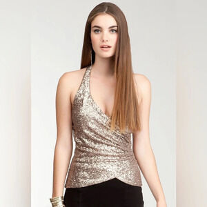 VINTAGE Y2K Bebe Sequin Halter Wrap Top in Gold Size S
